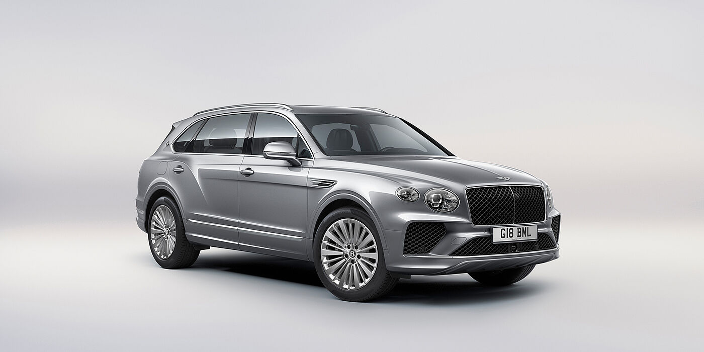 Bentley Yerevan Bentley Bentayga Extended Wheelbase luxury SUV front three quarter view in Moonbeam paint with 21 inch five spoke painted wheels