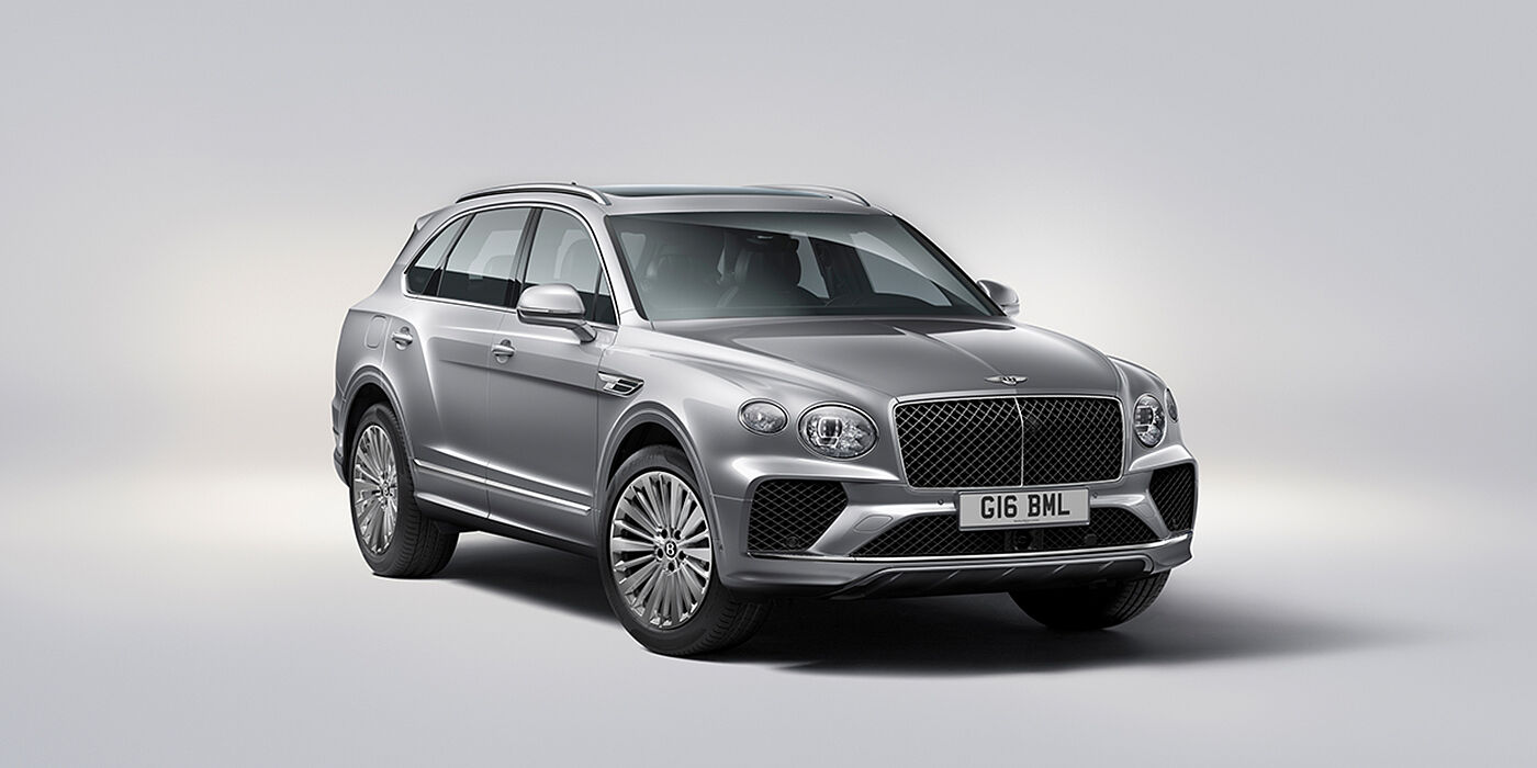 Bentley Yerevan Bentley Bentayga luxury SUV front three quarter view in Moonbeam paint with matrix grille and 21″ 5 spoke painted wheels