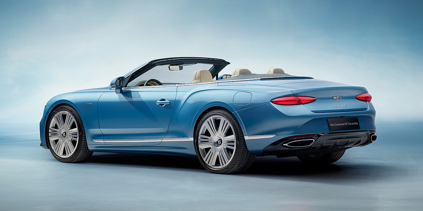 Bentley Yerevan New Bentley Continental GTC Azure convertible rear view in Light Windsor blue paint with 22 inch ten spoke wheels and chrome exterior details
