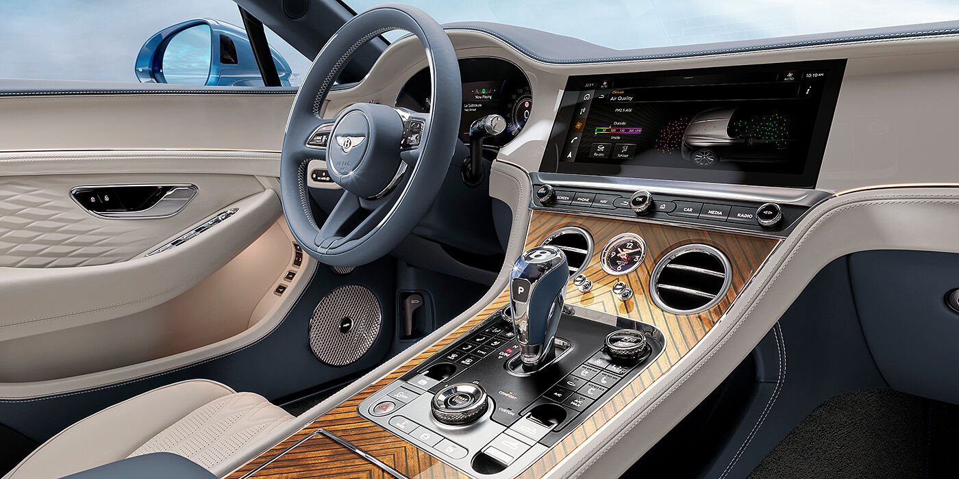 Bentley Yerevan New Bentley Continental GTC Azure convertible interior front cabin view with Linen and Brunel hides and Piano Linen by Mulliner veneer featuring centre console and centre MMI screen