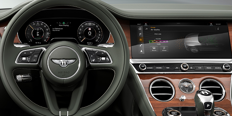 Bentley Yerevan New Bentley Continental GTC convertible front interior steering wheel view, with Beluga black leather and Crown Cut walnut veneer